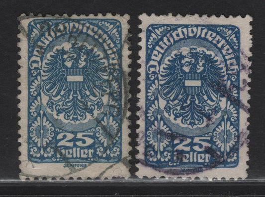 Lot 164 Austria SC#209, 209a 25h Blue - Deep Blue Allegory of New Republic, 1919-1920 Allegory of New Republic Issue, 2 Fine Used Singles
