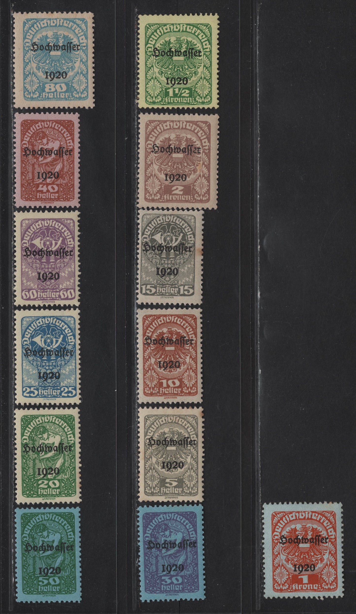Lot 167 Austria SC#B30-B42 5h - 2k Gray - Lilac Brown Posthorn, Arms & Allegory, 1921 Semi Postal Issues, 13 F/VFNH/OG Singles, All Nh Except For 5h, Which Has Some Disturbed Gum, Small Tone Spot On 15h