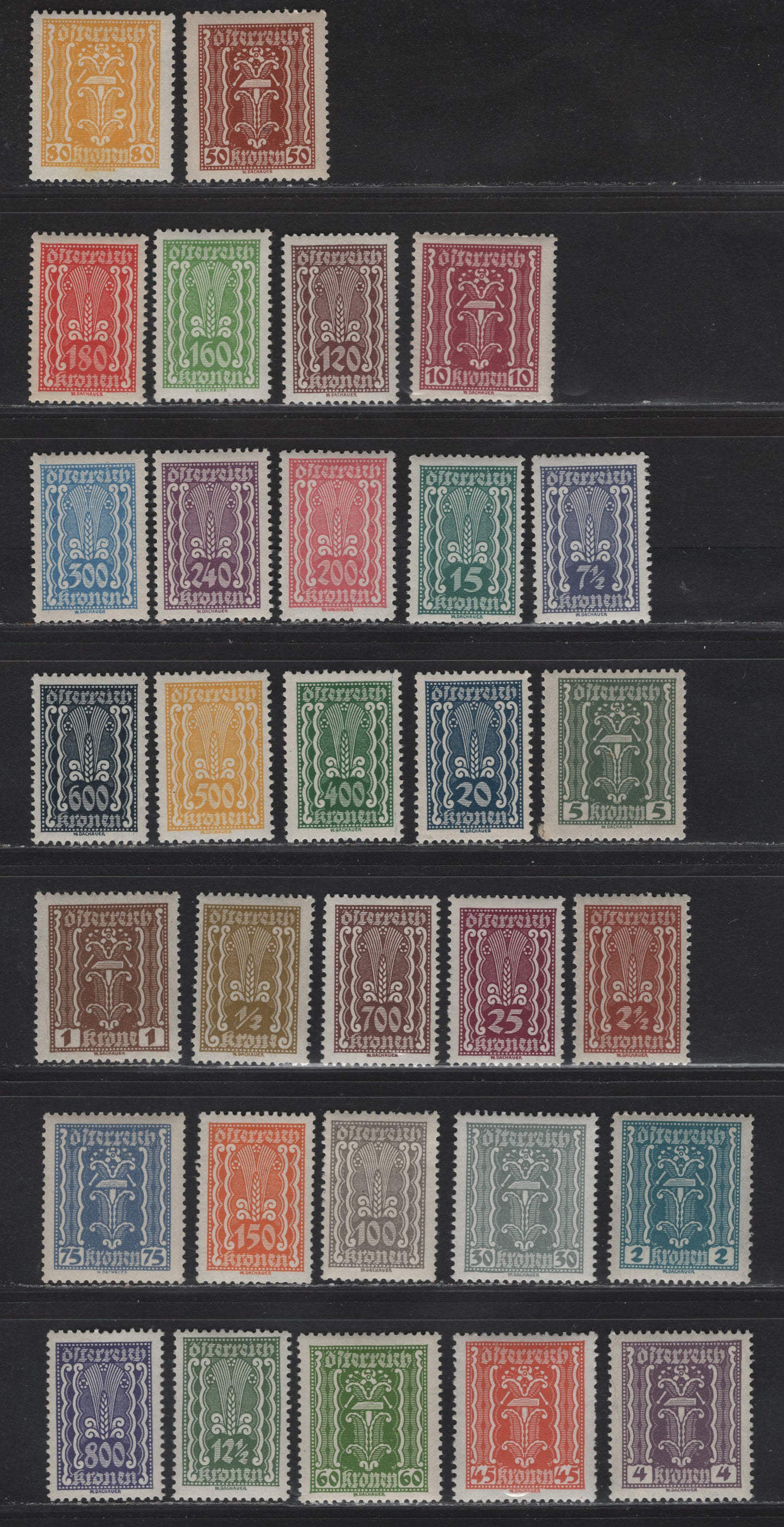 Lot 168 Austria SC#250-280 1/2k - 800k Olive Bistre - Violet Symbols, 1922-1924 Symbols of Agriculture, Labor & Industry Issues, 31 F/VFNH/OG Singles, Mostly VFNH Short Set, 12.5k, 60k, 75k & 150k Being Hinged