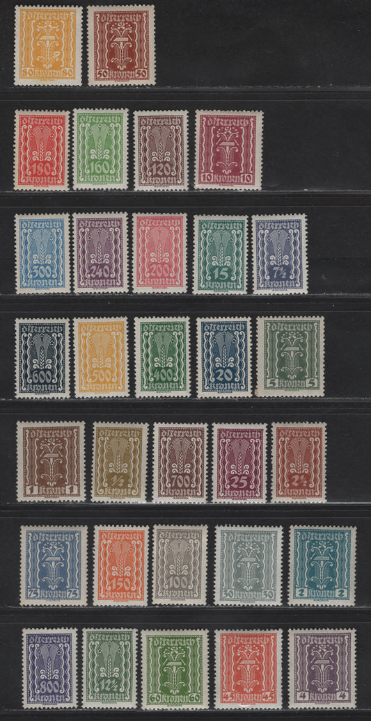 Lot 168 Austria SC#250-280 1/2k - 800k Olive Bistre - Violet Symbols, 1922-1924 Symbols of Agriculture, Labor & Industry Issues, 31 F/VFNH/OG Singles, Mostly VFNH Short Set, 12.5k, 60k, 75k & 150k Being Hinged