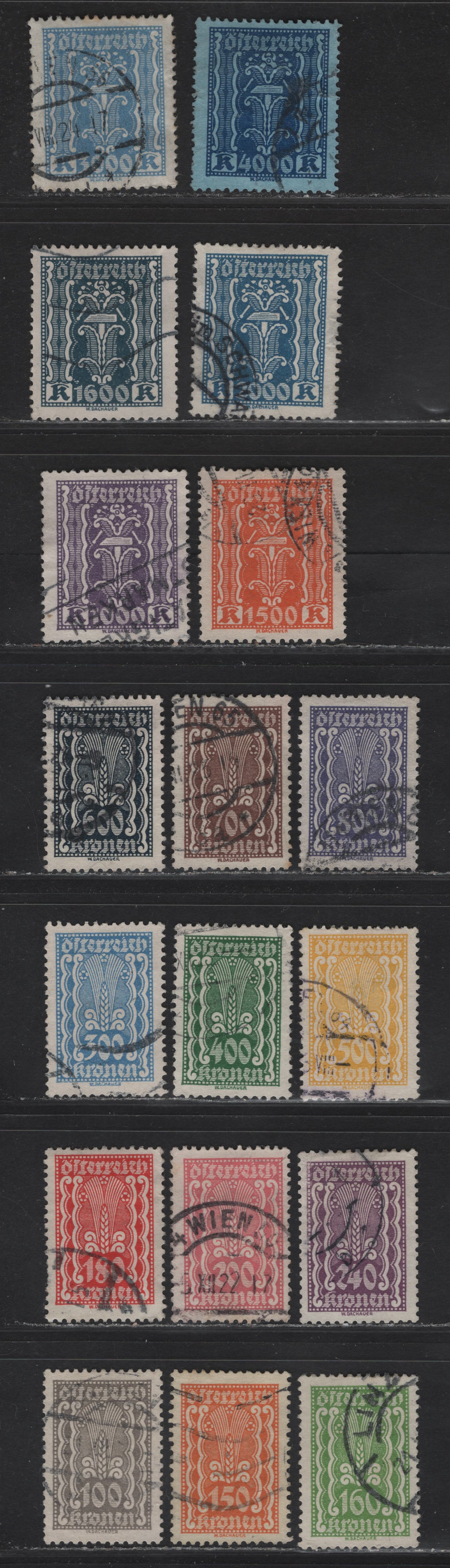 Lot 169 Austria SC#268-287 100k - 400k Gray - Dark Blue on Blue Symbols, 1922-1924 Symbols of Agriculture, Labor & Industry Issues, 20 Fine/Very Fine Used Singles