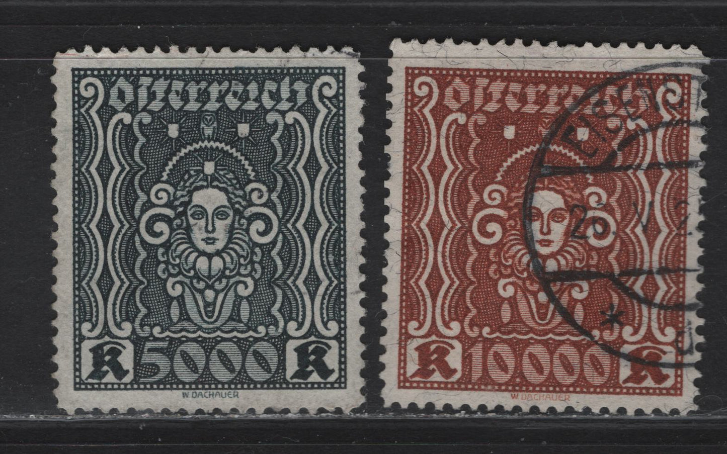 Lot 170 Austria SC#297a, 298 5000k - 10,000k Deep Gray Black - Red Brown Symbols, 1922-1924 Symbols of Art & Science Issue, 2 Very Fine Used Singles, Wet Printings, 25x29.5mm Designs