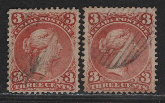 Lot 17 (C) Canada #25ii 3c Deep Rose Red - Deep Copper Red Queen Victoria, 1868-1876 Large Queen Issue, 2 Very Good/Fine Used Singles, Papers FO-O (Duckworth 4), Perfs 12x11.9 & 11.8x12, Guide Dot under LL Scroll.