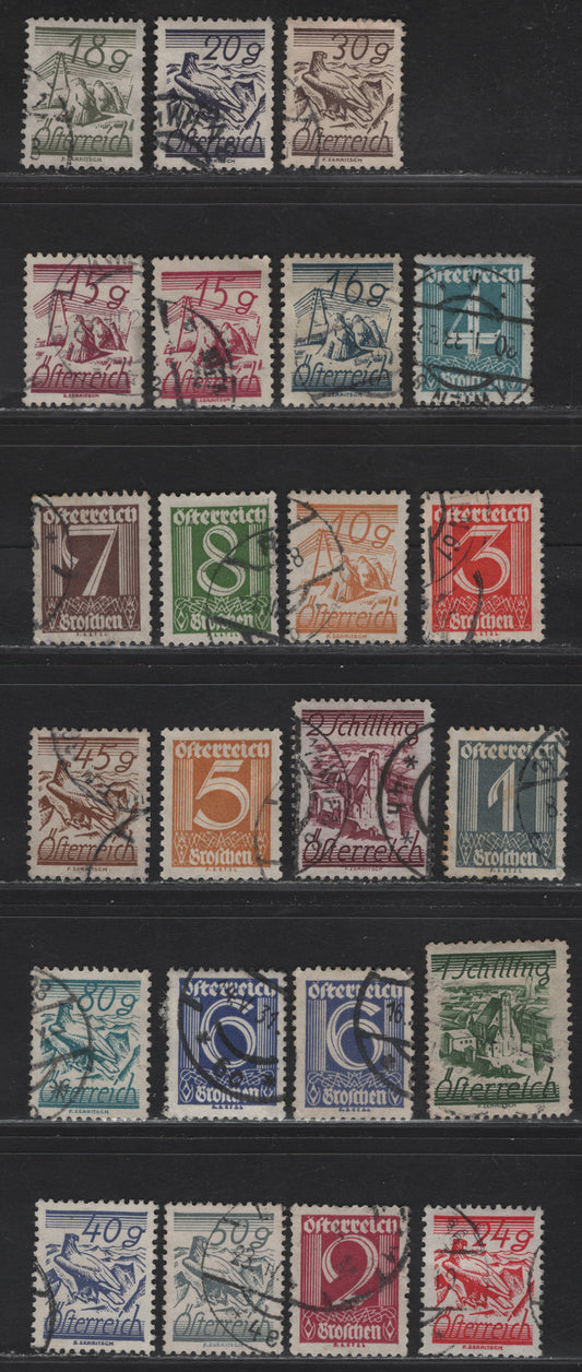 Lot 171 Austria SC#303-324, 308a 1g - 2s Dark Gray - Brown Rose Numeral - Church of Minorite Friars, 1925-1932 Pictorial Definitive Issue, 23 Fine/Very Fine Used Singles, Includes 2 Shades Of the 6g Ultramarine & Violet Blue, Some Light Toning On 1g