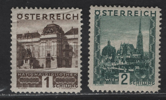 Lot 173 Austria SC#338-339 1s - 2s Black Brown - Dark Green National Library, 1929-1930 Large Pictorial Issue, 2 F/VFOG Singles 1s Has A Natural Gum Crease, ,