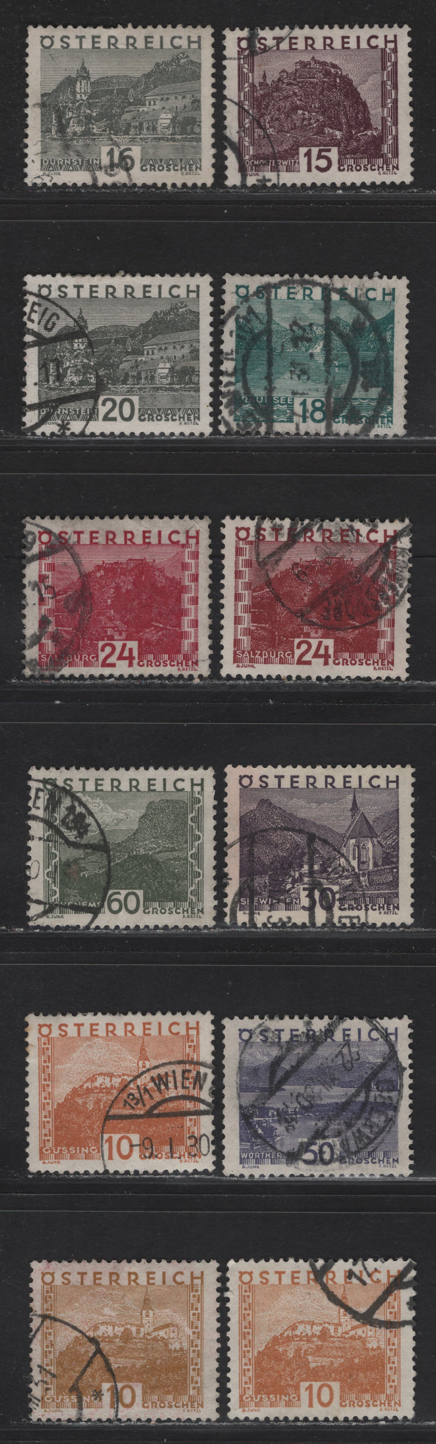 Lot 174 Austria SC#326-334, 336-337 10g - 60g Brown Orange - Olive Green Gussing, 1929-1930 Large Pictorial Issue, 12 VFOG Singles