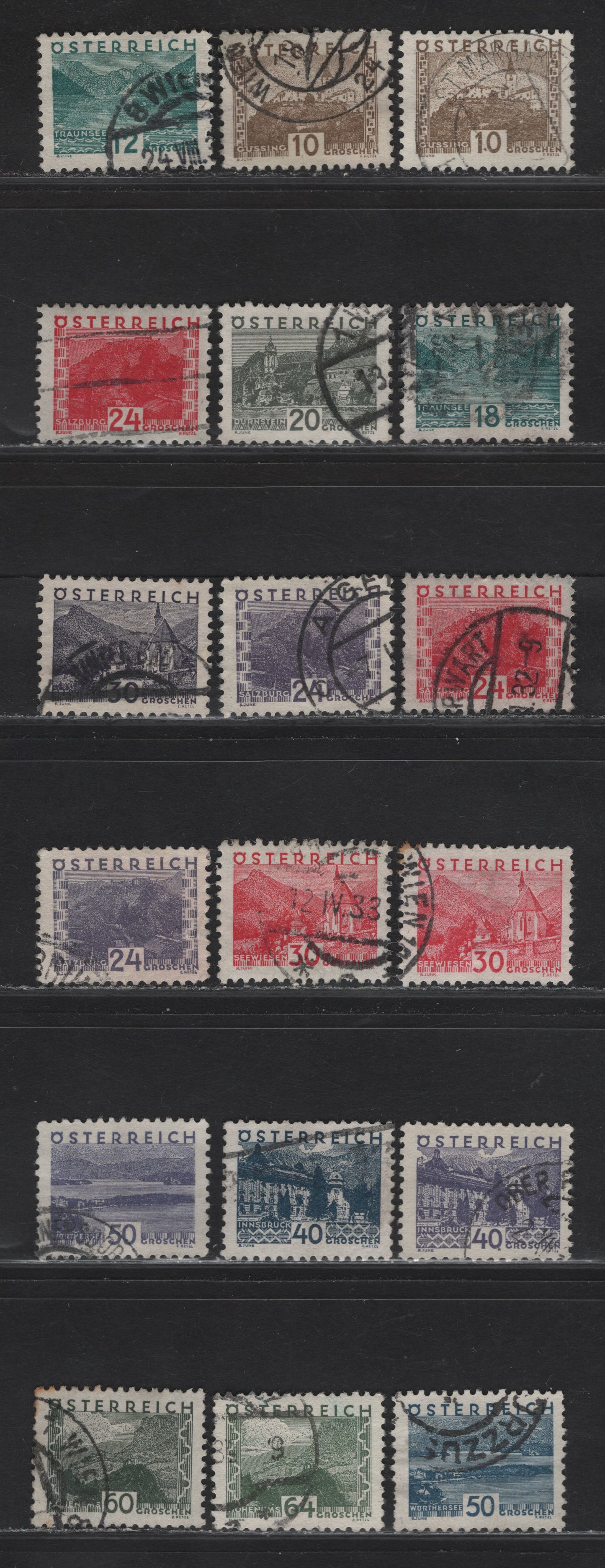 Lot 175 Austria SC#340-353 10g - 64g Olive Brown - Gray Green Gussing, 1932 Small Pictorial Issue, 18 Very Fine Used Singles, Few Extra Shades