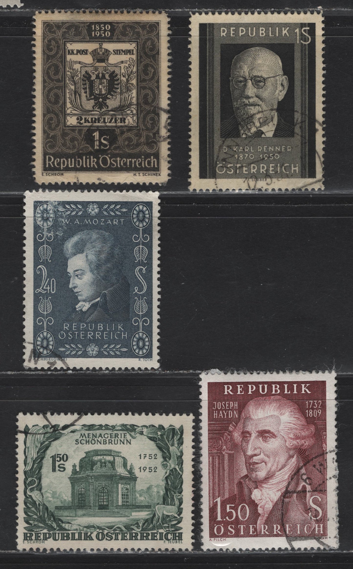 Lot 178 Austria SC#572-573, 580, 609, 644 1s - 1.5s Black on Straw - Violet Brown Austrian Stamp of 1850 - Joseph Haydn, 1950-1959 Stamp Centenary - Hadyn Issues, 5 Very Fine Used Singles