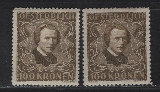 Lot 179 Austria SC#B56-B56a 100k Brown Olive Hugo Wolf, 1922 Composers Semi Postal Issue, 2 VFOG Singles, Perfs 11.5 & 12.5