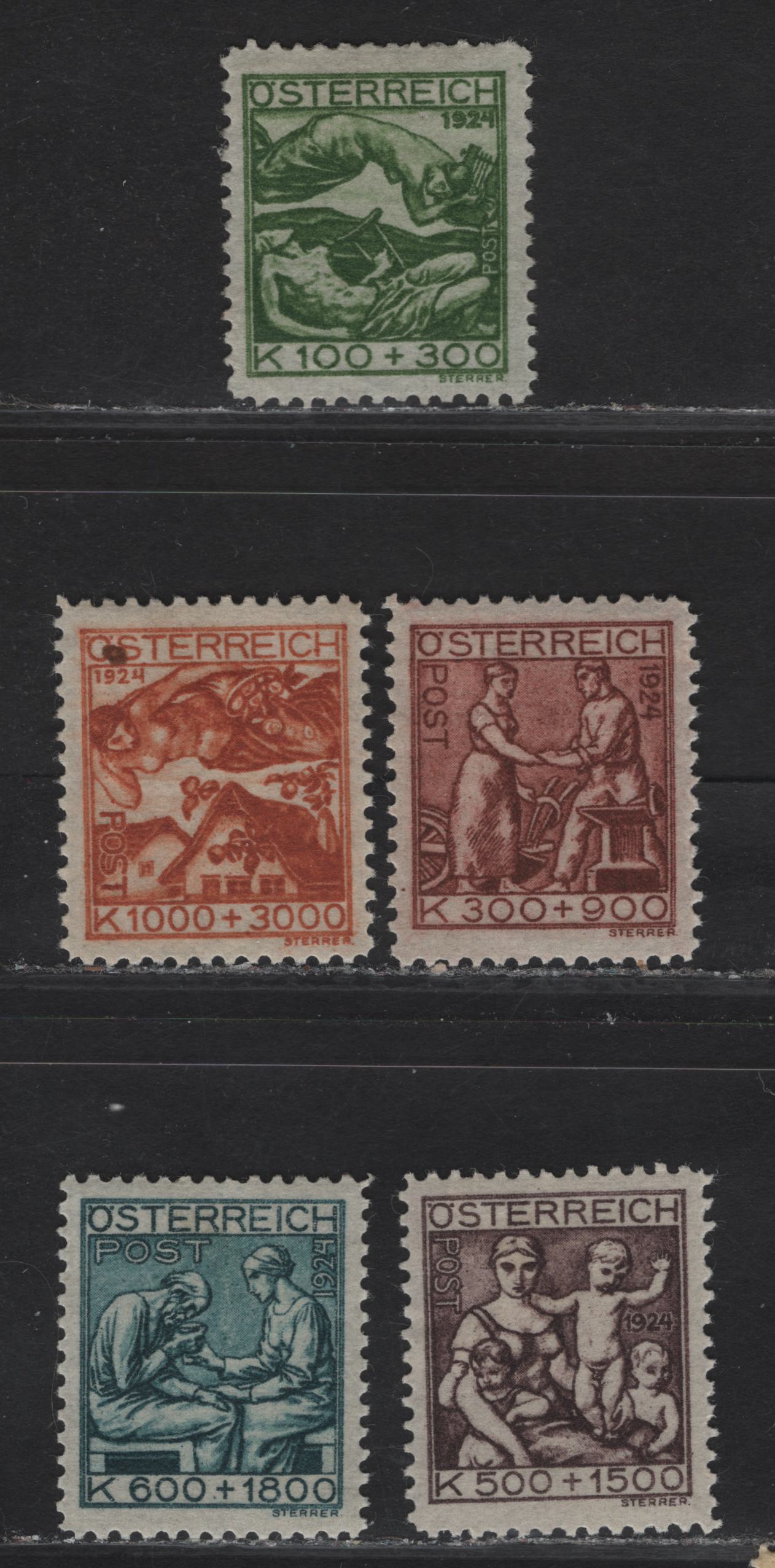 Lot 180 Austria SC#B66-B70 100k+300k - 1000k+3000k Yellow Green - Brown Orange Feebleness - Alleviation of Hunger, 1924 Child Welfare - Anti-Tuberculosis Semi Postal Issues, 5 VFOG Singles, Natural Paper Inclusion On B70