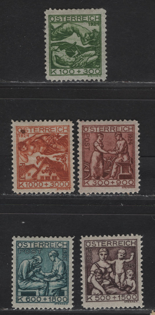Lot 180 Austria SC#B66-B70 100k+300k - 1000k+3000k Yellow Green - Brown Orange Feebleness - Alleviation of Hunger, 1924 Child Welfare - Anti-Tuberculosis Semi Postal Issues, 5 VFOG Singles, Natural Paper Inclusion On B70