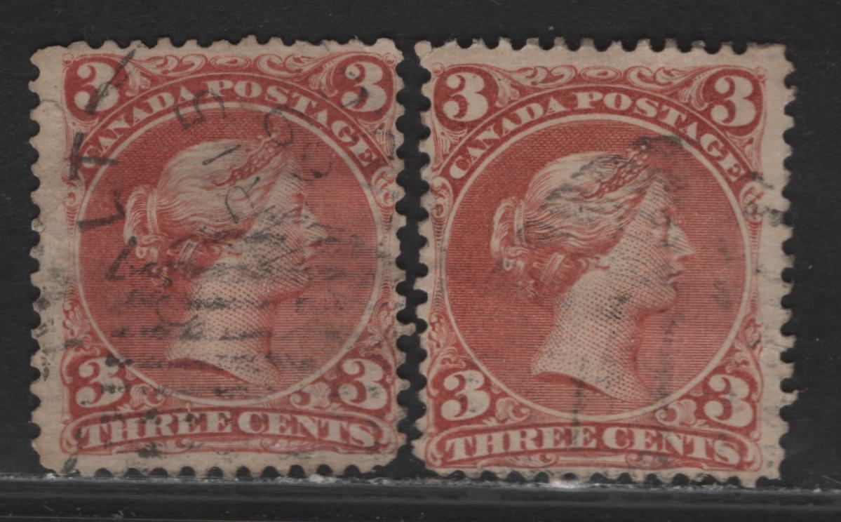 Lot 18 (C) Canada #25,ii 3c Deep Copper Red - Rose Red Queen Victoria, 1868-1876 Large Queen Issue, 2 Fine Used Singles, Paper FO-O (Duckworth 4), Perfs 11.9 & 11.8x12.1