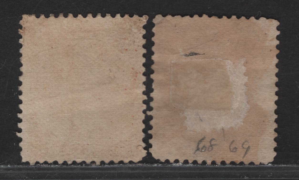 Lot 18 (C) Canada #25,ii 3c Deep Copper Red - Rose Red Queen Victoria, 1868-1876 Large Queen Issue, 2 Fine Used Singles, Paper FO-O (Duckworth 4), Perfs 11.9 & 11.8x12.1