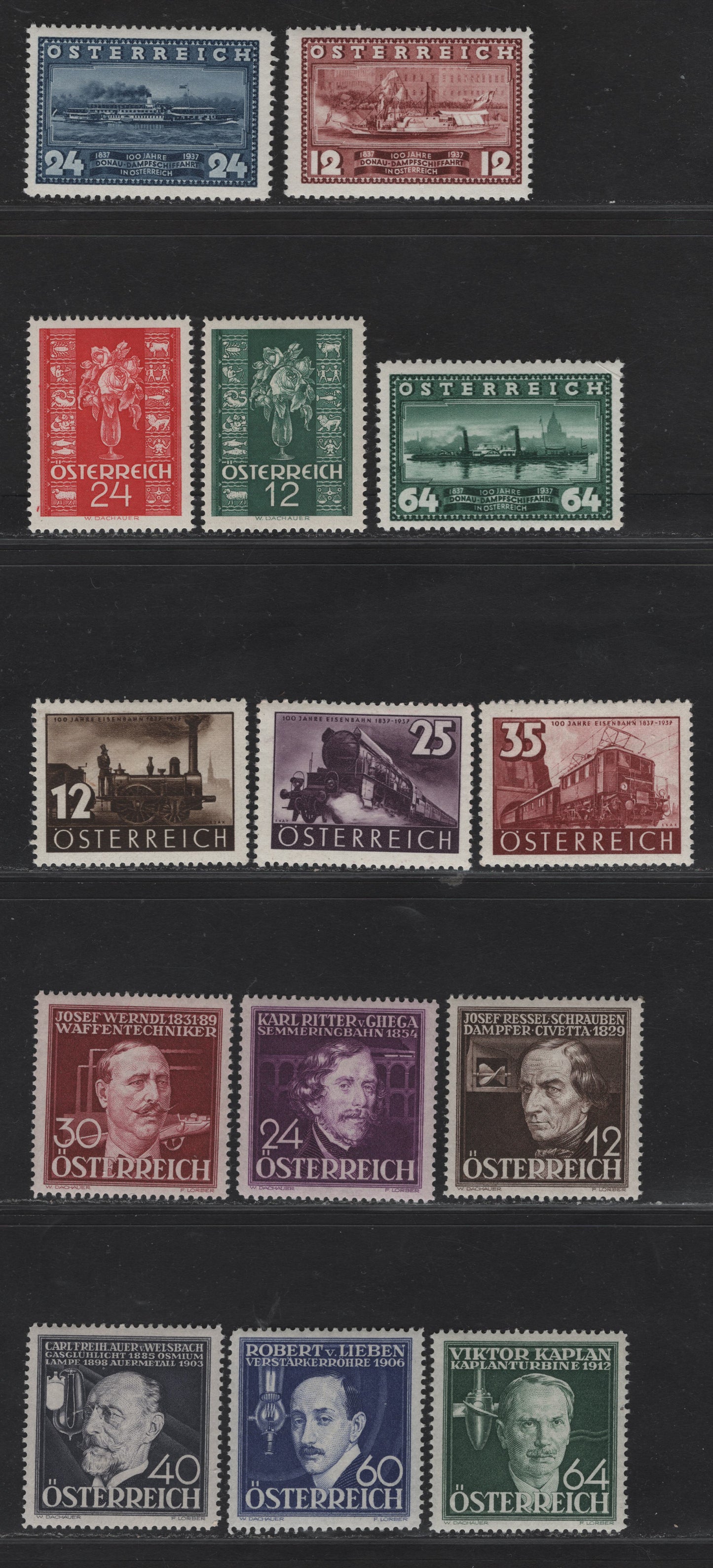 Lot 181 Austria SC#382-389, B146-B151 12g - 64g Brown - Dark Slate Green SS Maria Anna - Viktor Kaplan, 1937 Centenary Of Danube Steamship Service - Inventors Semi Postal Issues, 14 VFOG Singles