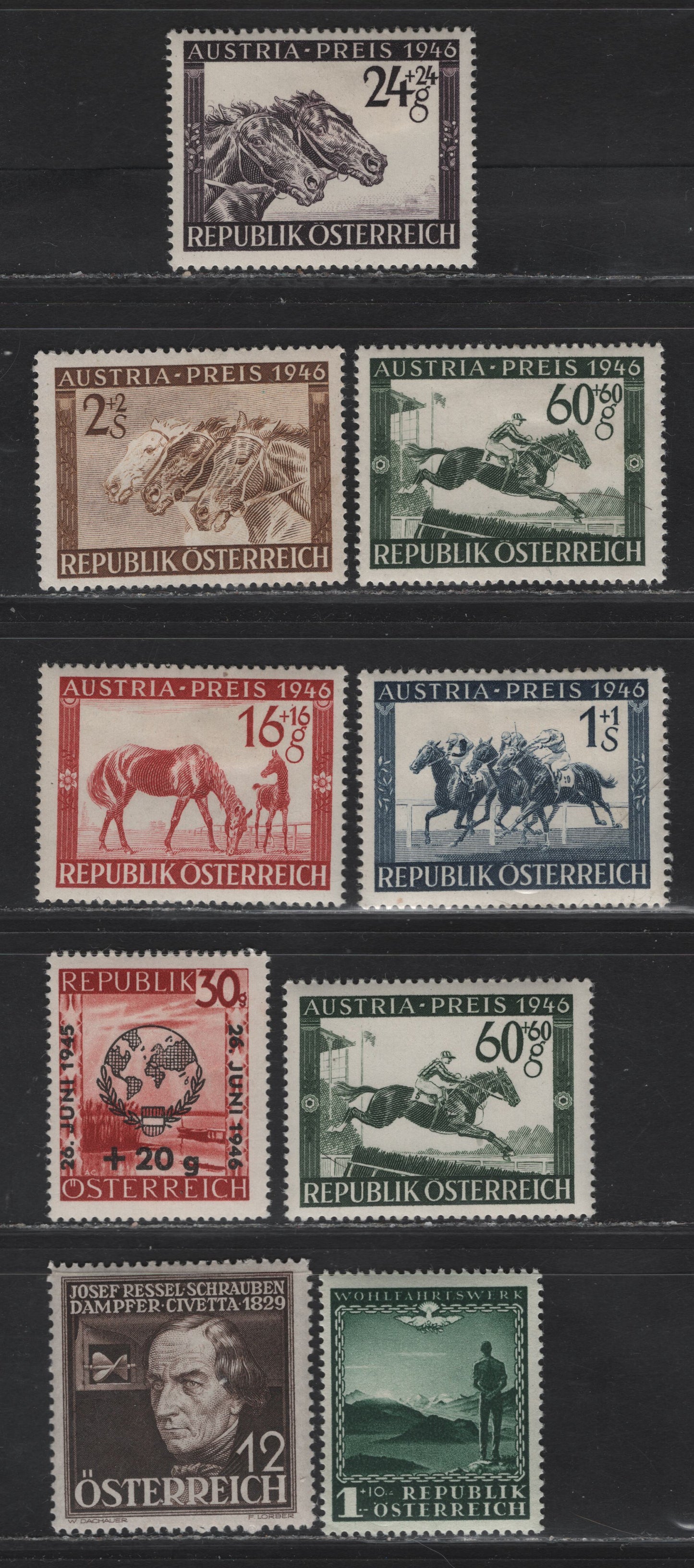 Lot 182 Austria SC#B146, B165-B166, B179-B183 12g Dark Brown - 2s + 2s Yellow Brown, 1936 Inventors - 1946 Austria Prize Race Semi-Postal Issues