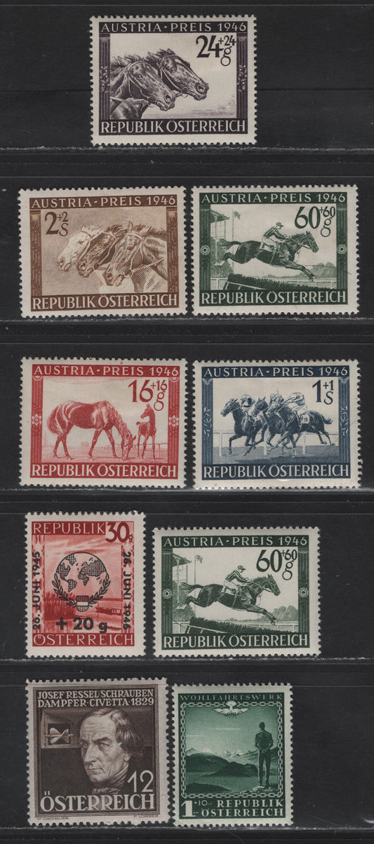 Lot 182 Austria SC#B146, B165-B166, B179-B183 12g Dark Brown - 2s + 2s Yellow Brown, 1936 Inventors - 1946 Austria Prize Race Semi-Postal Issues