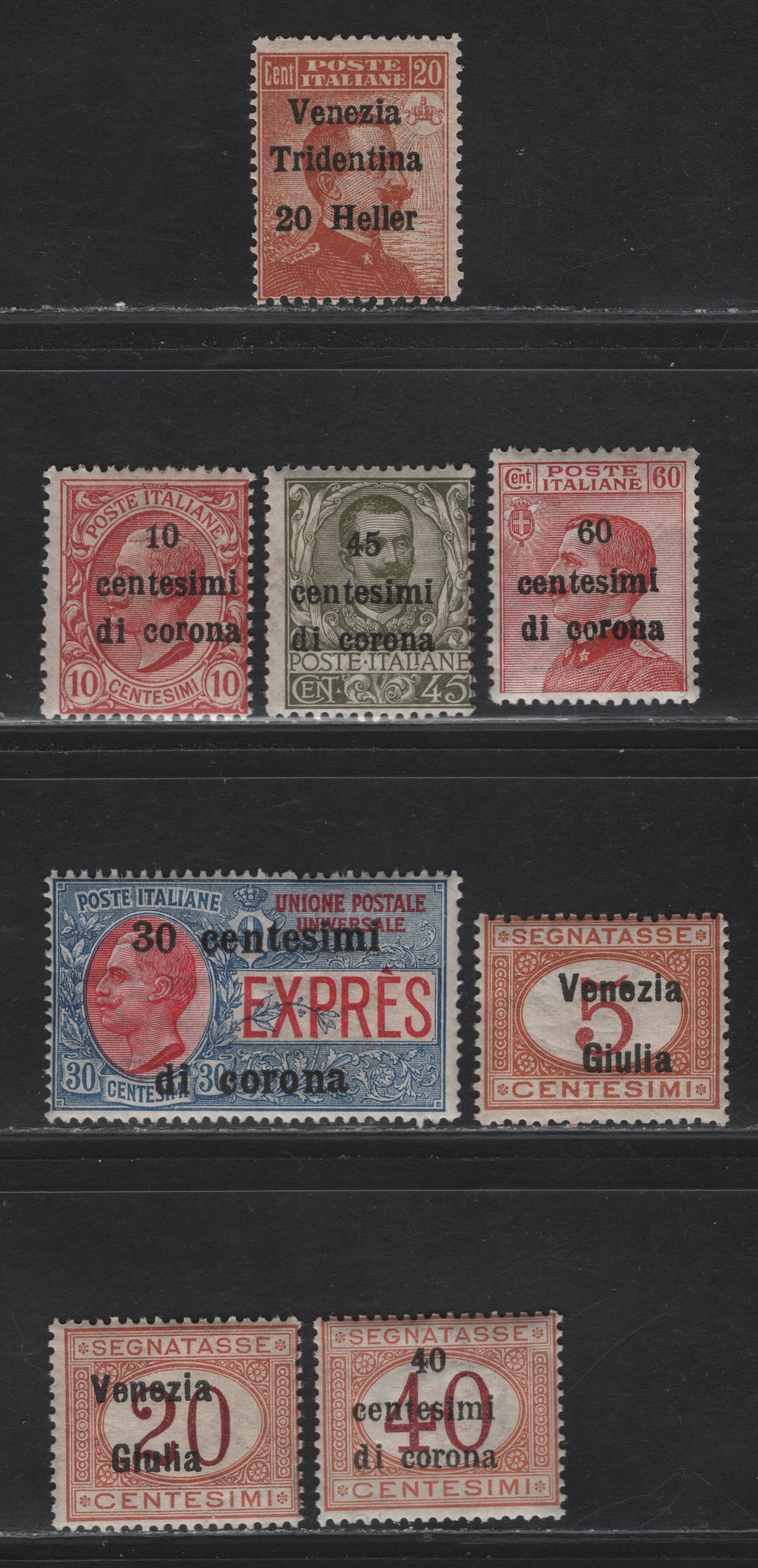 Lot 183 Austria SC#N63, N67, N71, N73, NE3, NJ1, NJ3, NJ12 20h on 20c - 40c on 40c Brown Orange - Buff & Magenta Victor Emmanuel III - Numerals, 1918-1919 Italian Occupation of Austria, 8 F/VFOG Singles