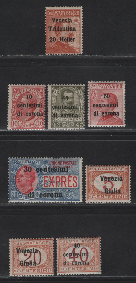 Lot 183 Austria SC#N63, N67, N71, N73, NE3, NJ1, NJ3, NJ12 20h on 20c - 40c on 40c Brown Orange - Buff & Magenta Victor Emmanuel III - Numerals, 1918-1919 Italian Occupation of Austria, 8 F/VFOG Singles