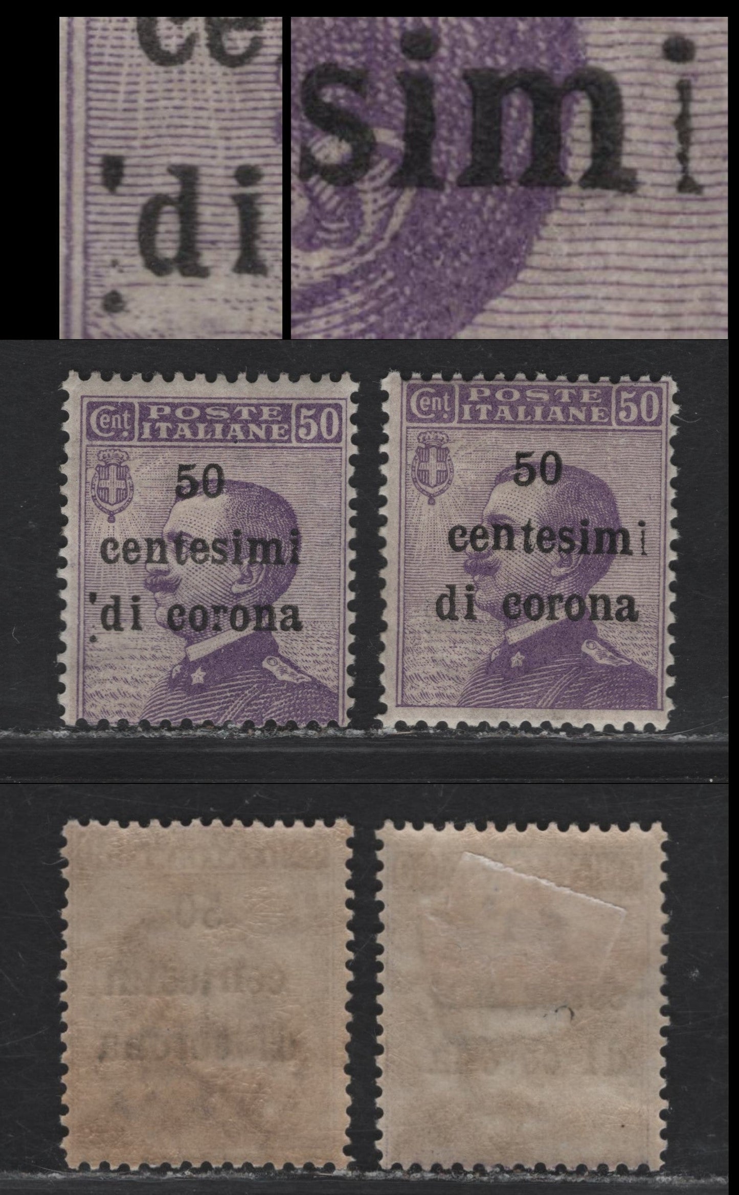 Lot 186B Austria #N72var, 50c on 50c Violet, 1919 Overprinted Victor Emmanuel Issue, Showing Colon Before "Di" and Damaged Last "I" In "Centesimi", Unlisted and Fine OG