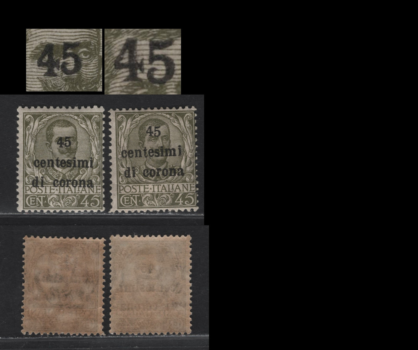 Lot 186C Austria SC#N71var 45c on 45c Olive Green Victor Emmanuel III, 1919 Italian Occupation of Austria, 2 FOG Singles, Two Examples Showing Raised & Dropped '5' in '45'