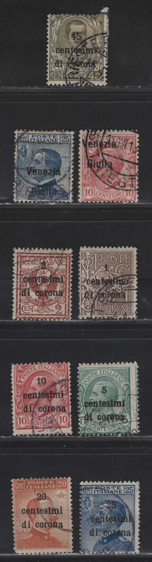 Lot 187 Austria SC#N23, N25, N64-N67 10c - 45c on 45c Claret - Olive Green Victor Emmanuel III, 1918-1919 Overprinted Victor Emmanuel III Definitives, 6 Very Good/Fine Used Singles