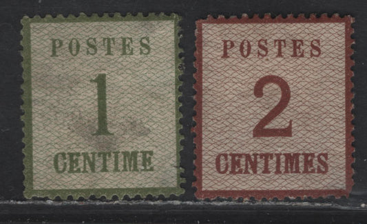 Lot 188 (C) France - German Occupation SC#N8-N9 1c - 2c Olive Green - Red Brown Numeral, 1870 Numeral Issue, 2 VGOG & Unused Singles, Showing Network With Points Down, Perfs 13.5 & 14.25