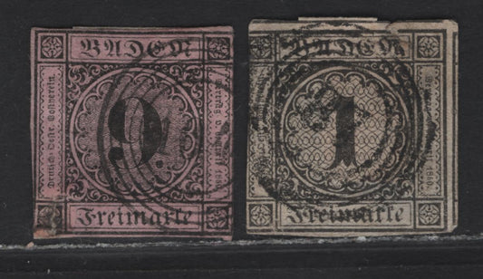 Lot 190 Baden SC#4, 6 9kr - 1kr Black on Green & Black on Blue Numeral, 1851-1858 Numeral Issue, 2 Ungraded Used Imperf Singles, Both With Faults, Tear At The LL Corner Of The 9kr, Same Thins On The 1kr Black.