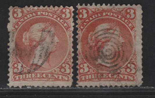 Lot 20 (C) Canada #25b,viii 3c Pale Indian Red - Orange Red Queen Victoria, 1868-1876 Large Queen Issue, 2 Good/Very Good Used Singles, Papers FO-Y (Bothwell) & FO-W, Perf 11.9x12