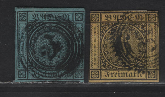 Lot 190A Baden SC#8-9 3kr - 6kr Black on Blue - Black on Yellow Numeral, 1853-1858 Numeral Issue, 2 Very Good Used Imperf Singles, The 3kr Has A Small Tear Above 'B' of "Baden"