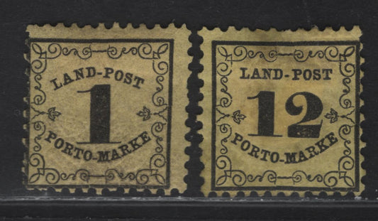 Lot 191 Baden SC#LJ1, LJ3 1kr - 12kr Black on Yellow Numeral, 1862 Rural Postage Dues, 2 VG/FOG Singles