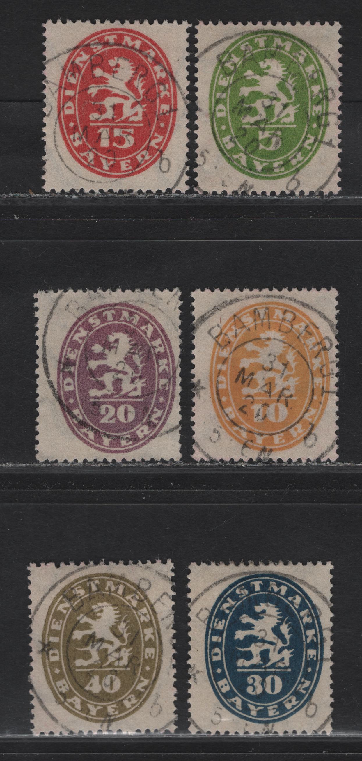 Lot 193 Bavaria SC#O34-O39 50pf - 40pf Yellow Green - Bistre Lion Rampart & Arms, 1920 Official Issue, 6 Fine/Very Fine Used Singles, Postally Used With Identical Bamburg March 31 1920 CDS Cancels, No Guarantee Handstamps