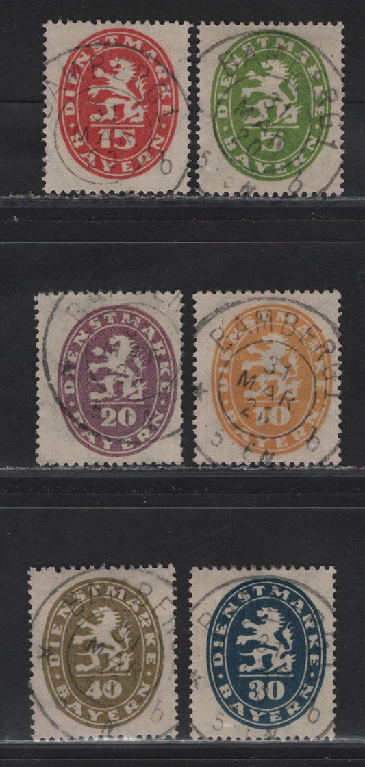 Lot 193 Bavaria SC#O34-O39 50pf - 40pf Yellow Green - Bistre Lion Rampart & Arms, 1920 Official Issue, 6 Fine/Very Fine Used Singles, Postally Used With Identical Bamburg March 31 1920 CDS Cancels, No Guarantee Handstamps