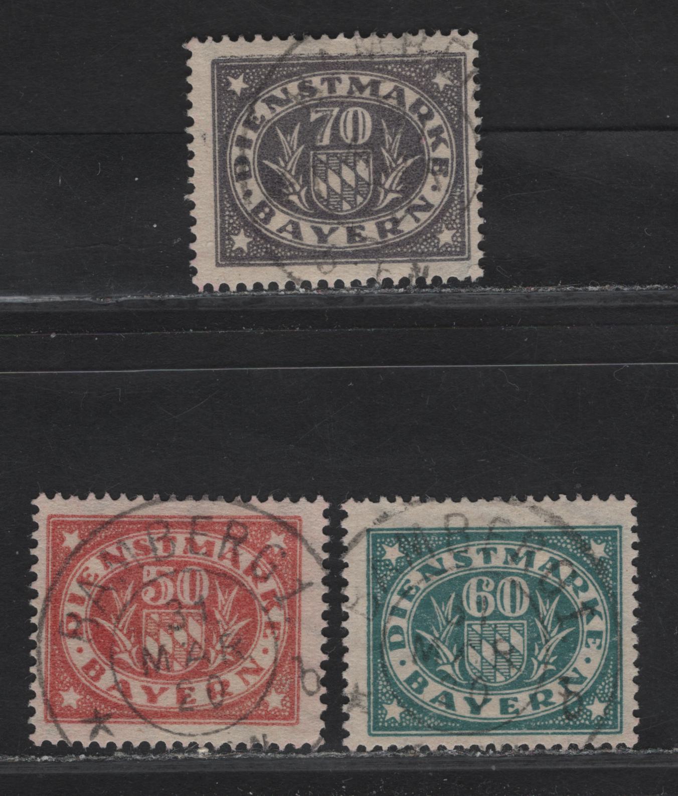 Lot 193A Bavaria SC#O40-O42 50pf - 70pf Vermillion - Dark Violet Arms, 1920 Arms Official Issue, 3 Fine Used Singles, Postally Used With Identical Bamburg March 31 1920 CDS Cancels, No BPP Handstamps