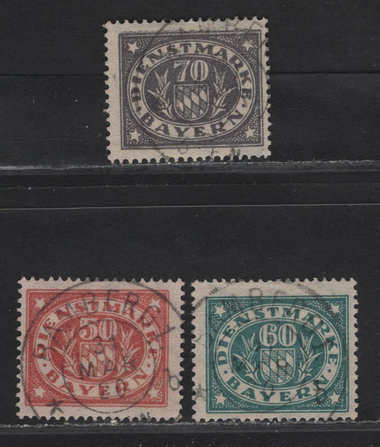 Lot 193A Bavaria SC#O40-O42 50pf - 70pf Vermillion - Dark Violet Arms, 1920 Arms Official Issue, 3 Fine Used Singles, Postally Used With Identical Bamburg March 31 1920 CDS Cancels, No BPP Handstamps