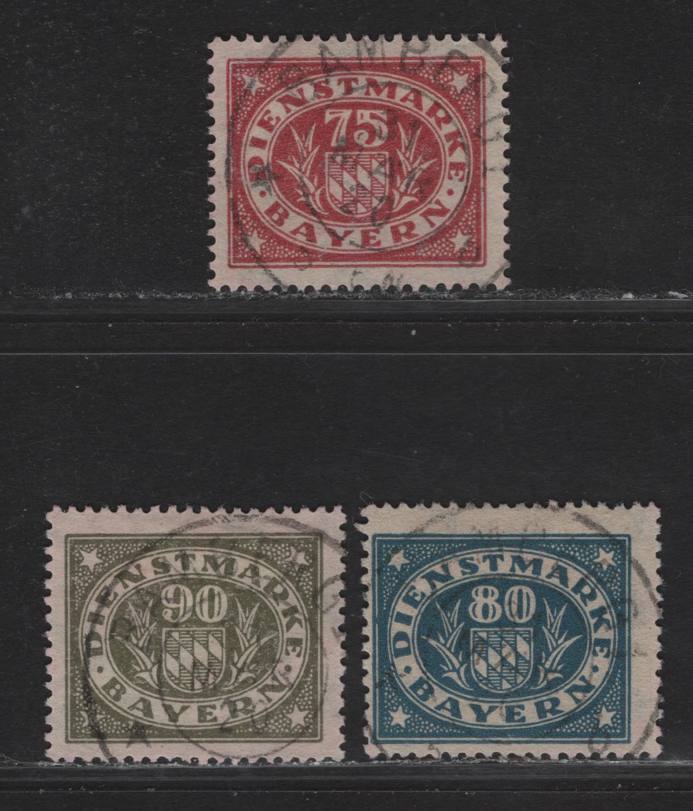 Lot 193B Bavaria SC#O43-O45 75pf - 90pf Deep Rose - Olive Green Arms, 1920 Arms Official Issue, 3 Fine/Very Fine Used Singles, Postally Used With Identical Bamburg March 31 1920 CDS Cancels, No BPP Handstamps