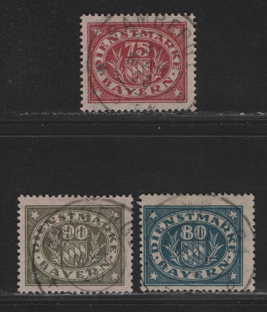 Lot 193B Bavaria SC#O43-O45 75pf - 90pf Deep Rose - Olive Green Arms, 1920 Arms Official Issue, 3 Fine/Very Fine Used Singles, Postally Used With Identical Bamburg March 31 1920 CDS Cancels, No BPP Handstamps