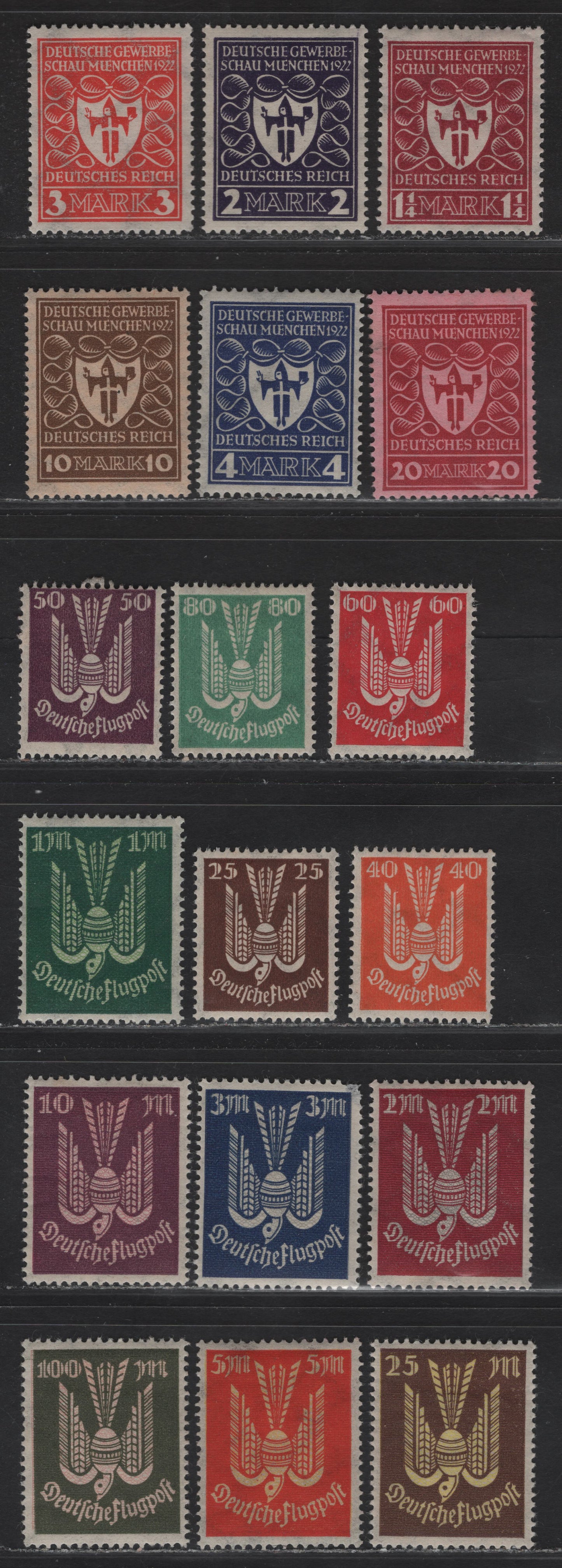 Lot 197 Germany SC#212a, 213-217, C3-C14 1.5m - 100m Brown Carmine - Olive Green & Rose Arms On Munich - Bird, 1922-1923 Arms Of Munich - Airmail Issues, 18 F/VFOG Singles, 3m Airmail Has A Corner Thin, So Not Counted