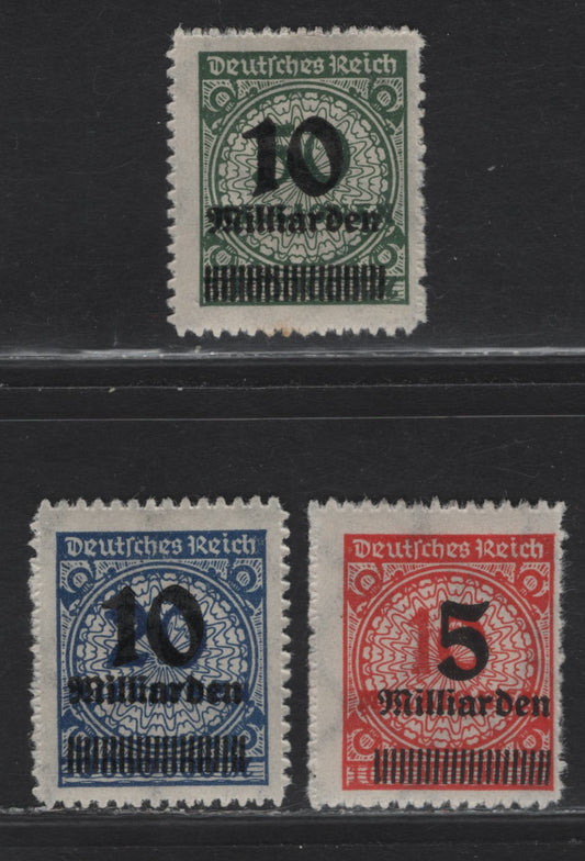 Lot 198 Germany SC#319-321 5mlrd on 10m - 10m on 50m Red Orange - Blue Numeral, 1923 Surcharged Numeral Issue, 3 F/VFOG Singles, Serrate Roulette 13.5, All Flat Plate Printings