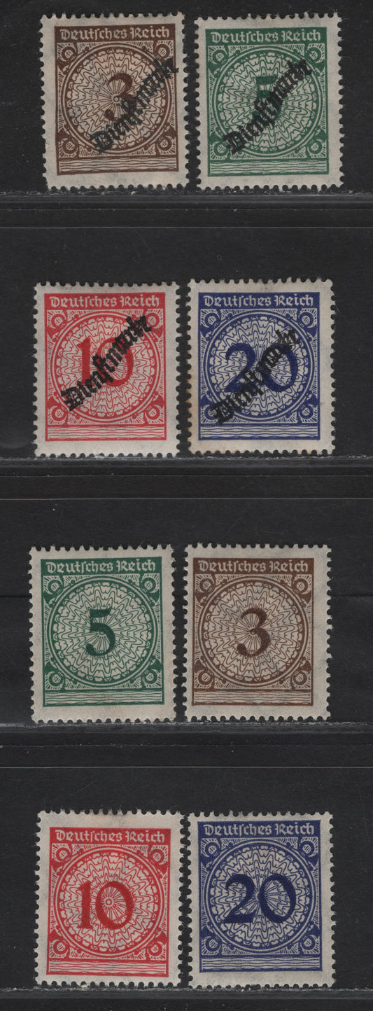 Lot 199 Germany Michel#99Pa, 100Pb, 101Pa, 102P, 338Pa, 339Pa, 340Pa, 341P (Scott #323-326, O47-O50var) 3pf - 20pf Brown - Deep Ultramarine Numerals, 1923 Numeral & Official Overprinted Issues, 8 F/VFOG Singles