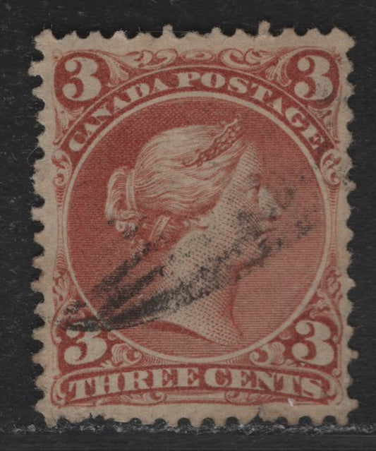 Lot 19 (C) Canada #25viii 3c Brownish Rose Red Queen Victoria, 1868-1876 Large Queen Issue, A Very Good Used Single, Paper FO-Y (Duckworth 6 - Bothwell), Perf 12, Pulled Perf & Tiny Tear In Bottom Margin.