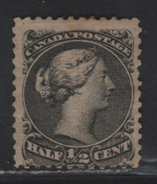 Lot 2 (C) Canada #21 1/2c Black Queen Victoria, 1868-1876 Large Queen Issue, A VGOG Single, Mid to Late Montreal Printing, Paper MM-B, Two Guide Dots In UL Margin, Perf 12x12.25, Semi Glossy Cream Gum.