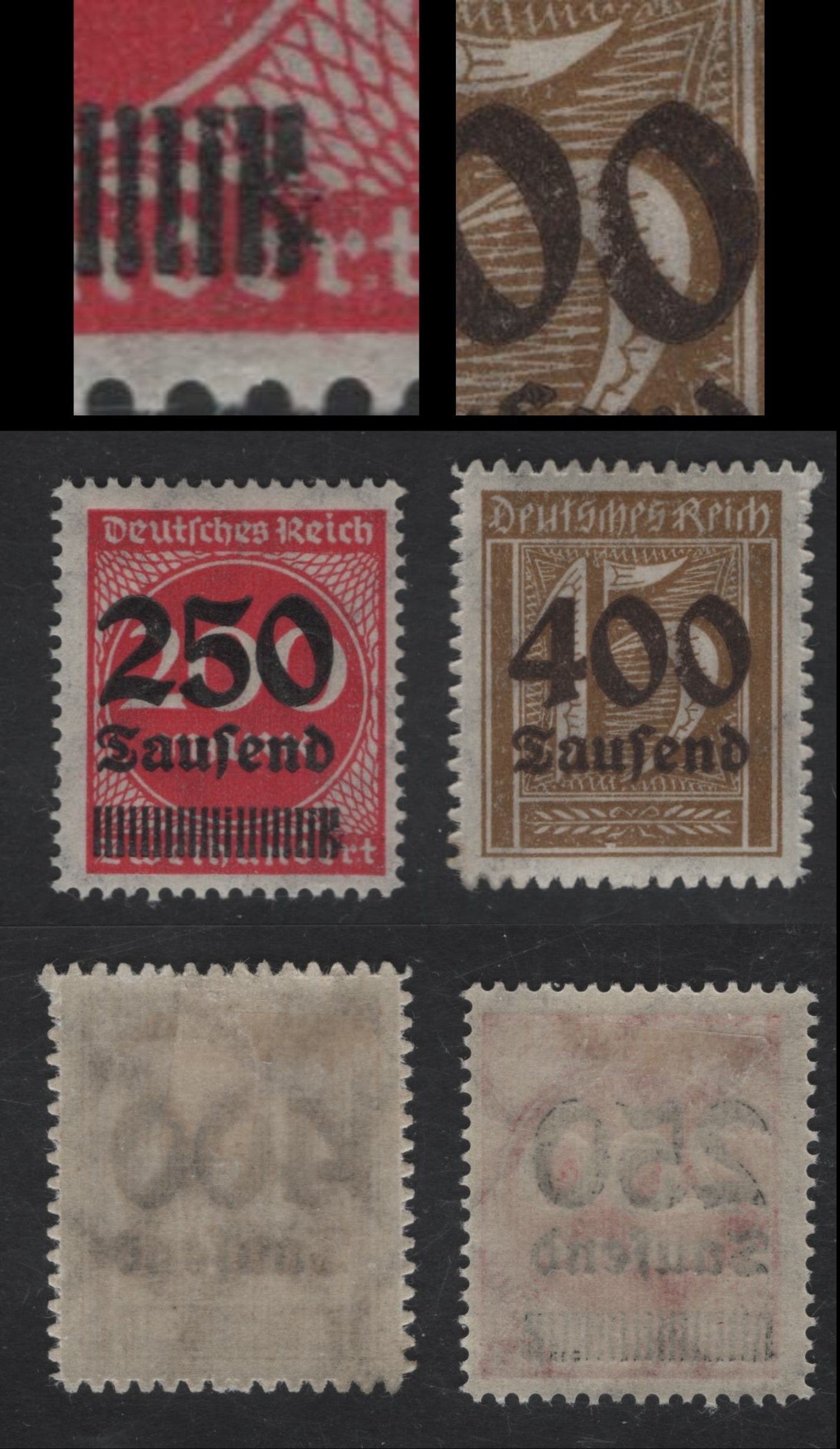 Lot 200 Germany SC#256var, 273var 250th m on 200m - 400th m on 15pf Deep Rose - Bistre Numerals, 1923 Surcharged Issue, 2 F/VFOG Singles, Perf 14 & Serrate Roulette 13.5, Showing Damage To The Overprint