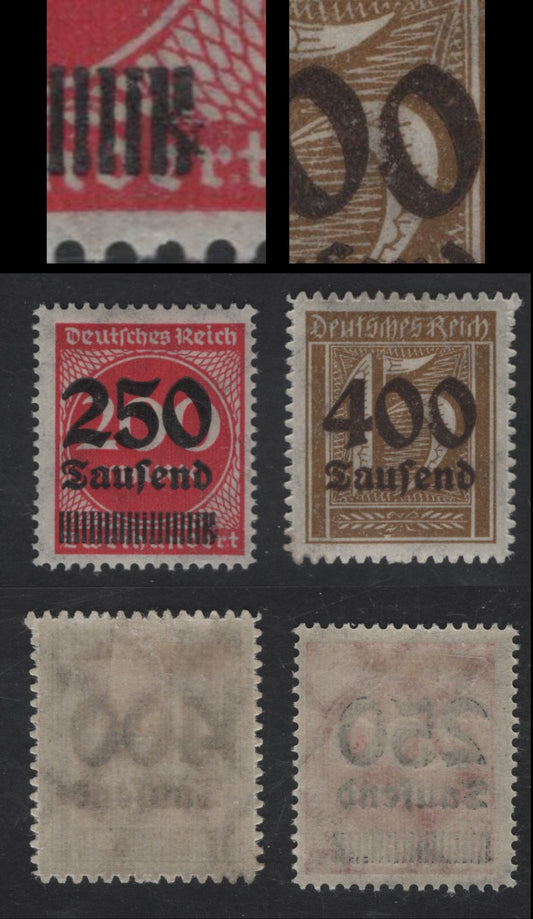 Lot 200 Germany SC#256var, 273var 250th m on 200m - 400th m on 15pf Deep Rose - Bistre Numerals, 1923 Surcharged Issue, 2 F/VFOG Singles, Perf 14 & Serrate Roulette 13.5, Showing Damage To The Overprint