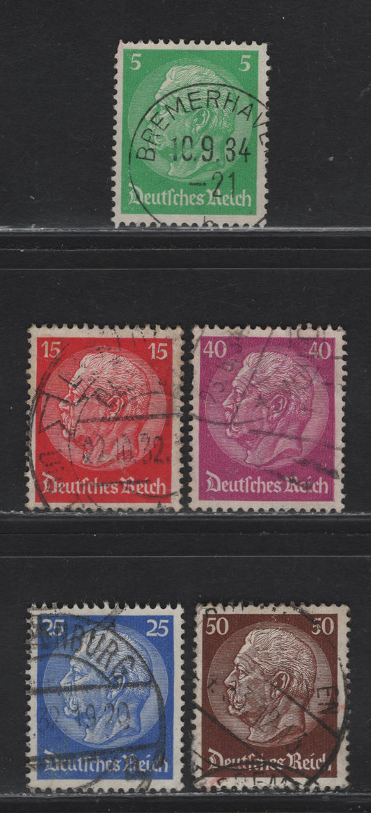 Lot 201 Germany SC#392, 394-397 5pf - 50pf Bright Green - Brown Pres. Von Hindenburg, 1932 Hindenburg Issue, 5 Very Fine Used Singles