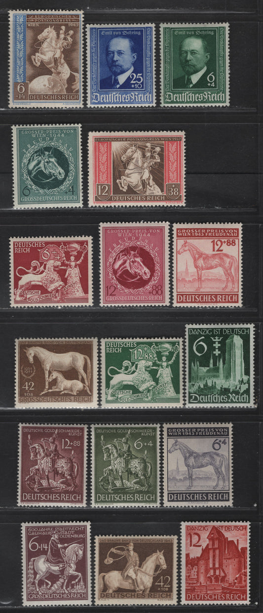 Lot 203 (C)Germany SC#492-493, B186-B187, B206-B207, B210-B211, B243-B245, B247-B248, B283-B285 6pf - 6+14pf Dark Green - Brown Violet Horses, 1939-1945 Danzig Reunification - 60th Anniv of Municipal Law In Oldenburg Issues, 16 F/VFNH/OG Singles