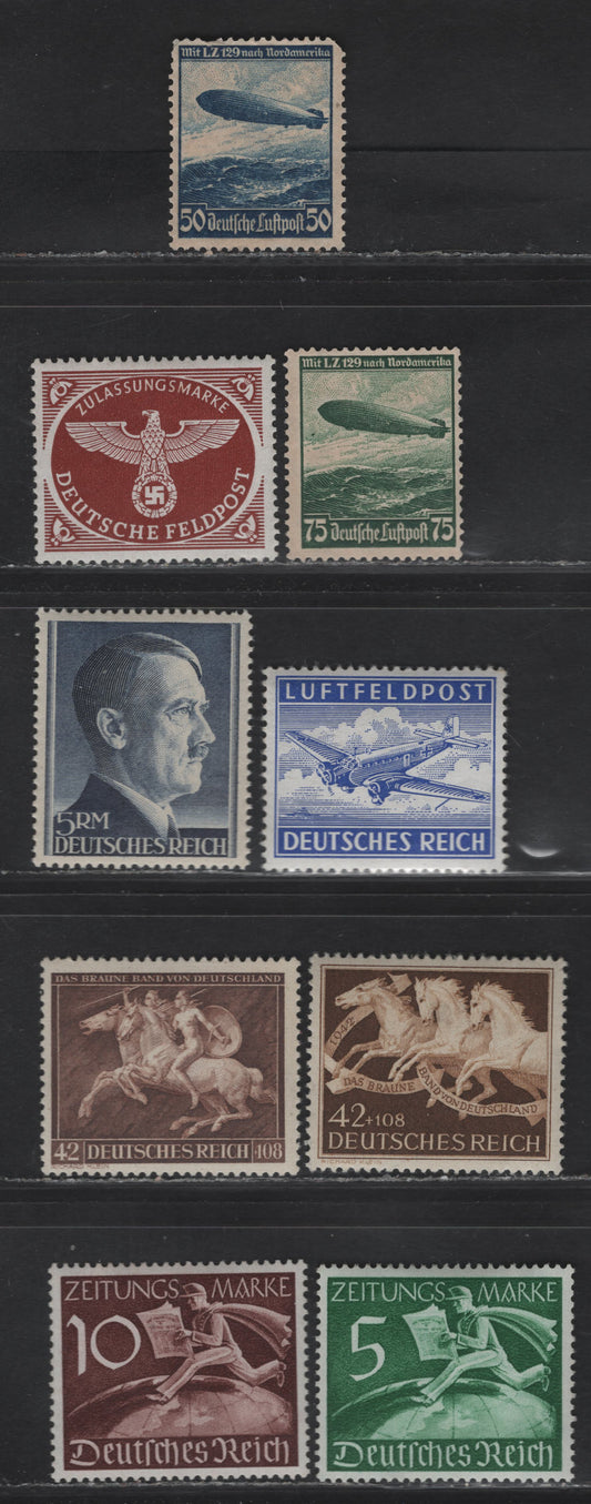 Lot 204 (C)Germany SC#527a, B192, N205, C57-C58, P1-P2, MC1, MQ1 5m - 10pf Dark Blue - Red Brown Hitler - Man & Globe, 1939-1944 Newspaper - Hitler Heads Issues, 9 VFOG & Fine Unused Singles, 5m Is Perf 14, C57-C58 Have No Gum And Are Valued In Scott