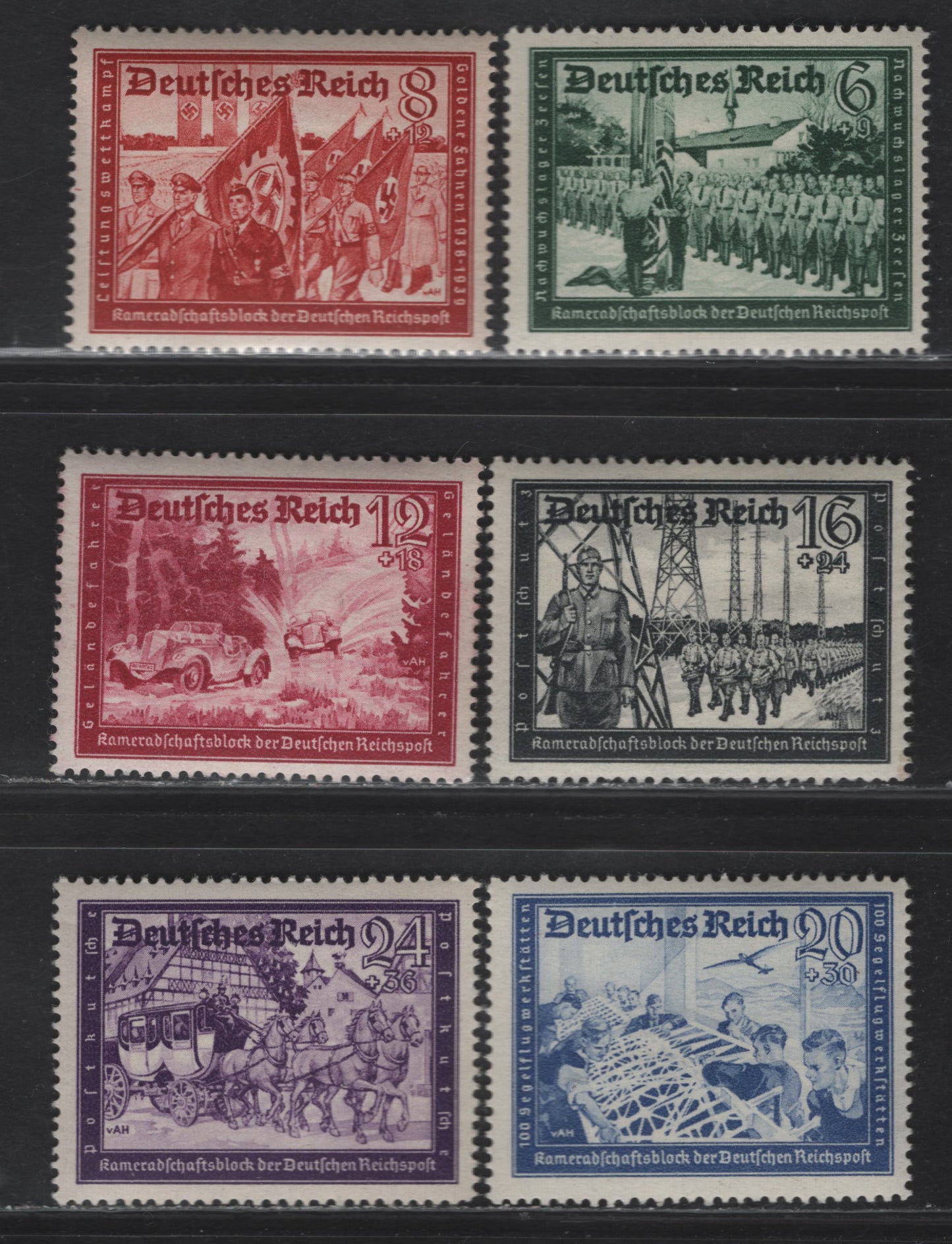 Lot 205 (C)Germany SC#B151-B152, B154a, B156a, B157a, B158a 6pf+9pf - 24pf+36pf Myrtle Green - Purple Flag Raising - Wagon, 1939-1941 Hitler National Culture Fund Issue, 6 F/VFOG/NH Singles, 6+9pf, 8+12pf & 16+24pf Are NH, Rest Are Hinged