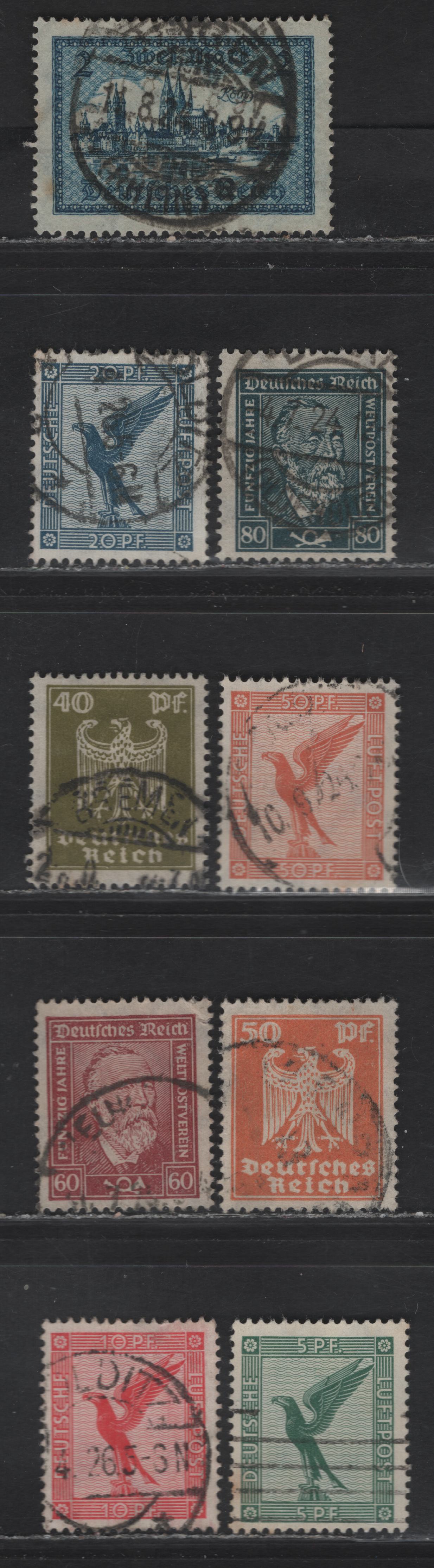 Lot 206 Germany SC#338, 342-343, 335-336, C27-C28, C30-C31 40pf - 50pf Olive Green - Brown Orange German Eagle - Airmail, 1924-1927 German Eagle - Airmail Issues, 9 Fine/Very Fine Used Singles