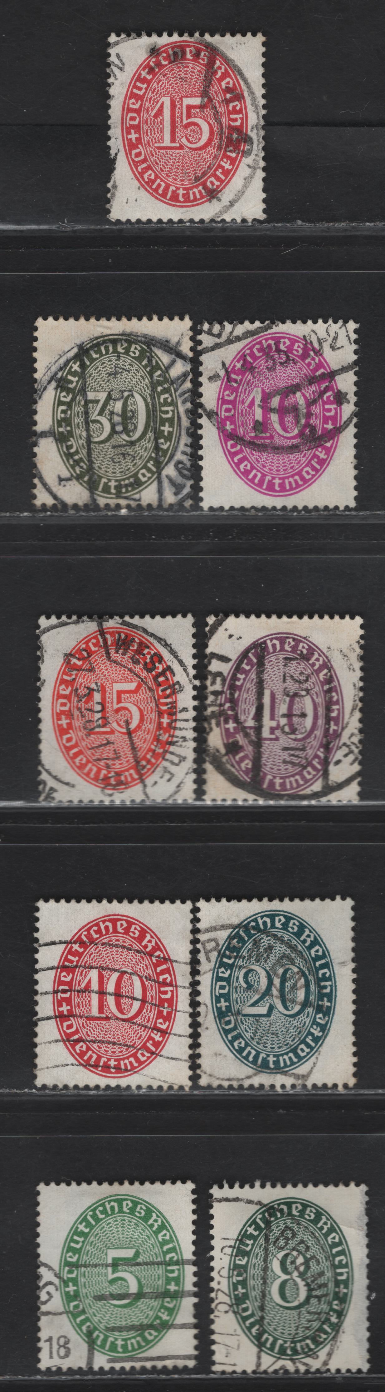 Lot 207 Germany SC#O65, O67-O68, O70, O73-O75, O77-O78 5pf - 40pf Green - Violet Numeral, 1927-1933 Official Issue, 9 Fine/Very Fine Used Singles, 15pf & 8pf are Faulty & Not Counted