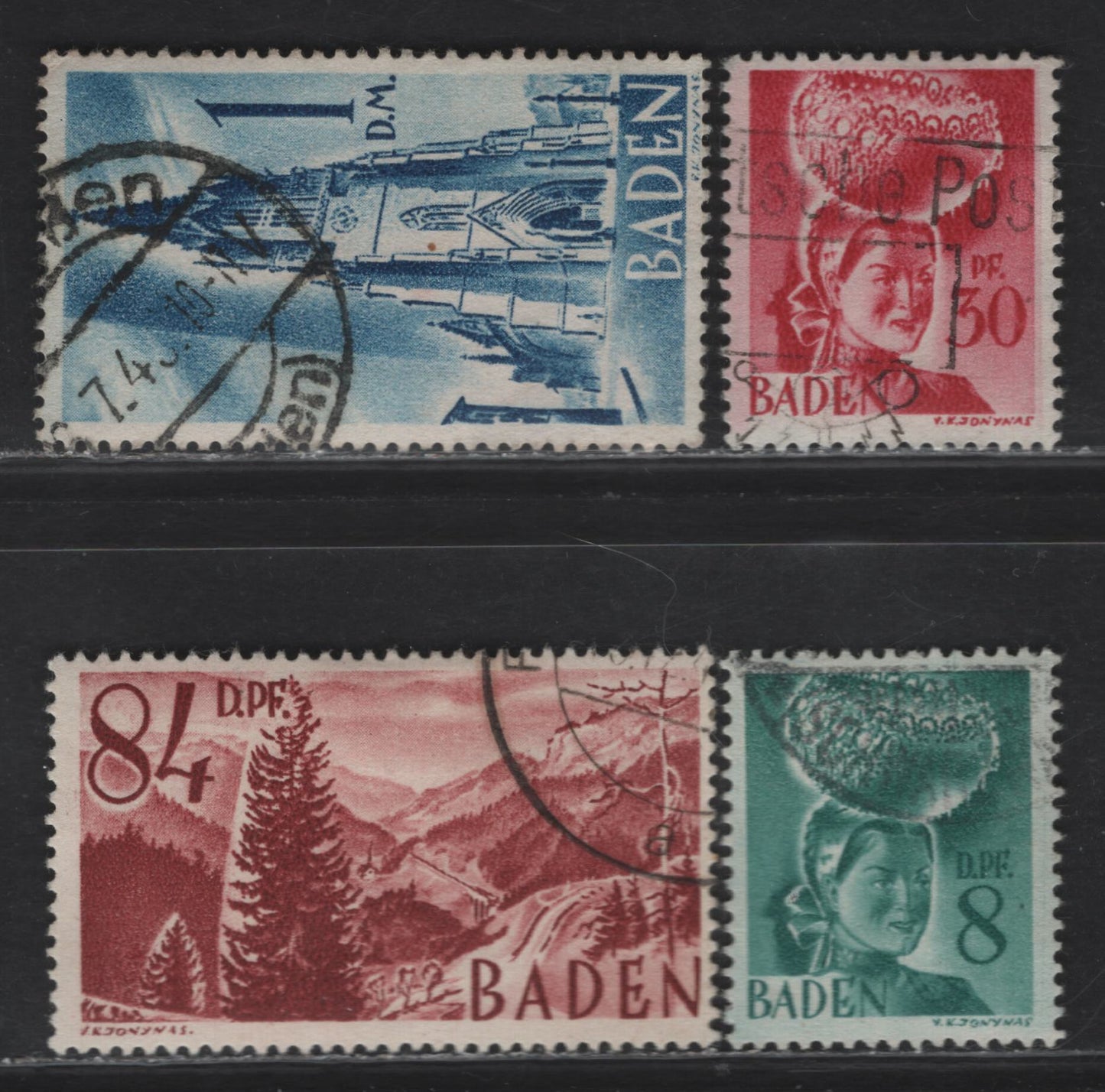 Lot 209 (C)Germany SC#5N16, 5N23, 5N26-5N27 8pf - 1dm Blue Green - Bright Blue Pictorial, 1948 Second Pictorial Issue, 4 Fine Used Singles, Revised Colors, Postally used Examples, 1dm Has A Diagonal Crease.